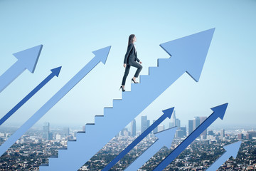 Businesswoman climbs stairs in form arrow on city background.
