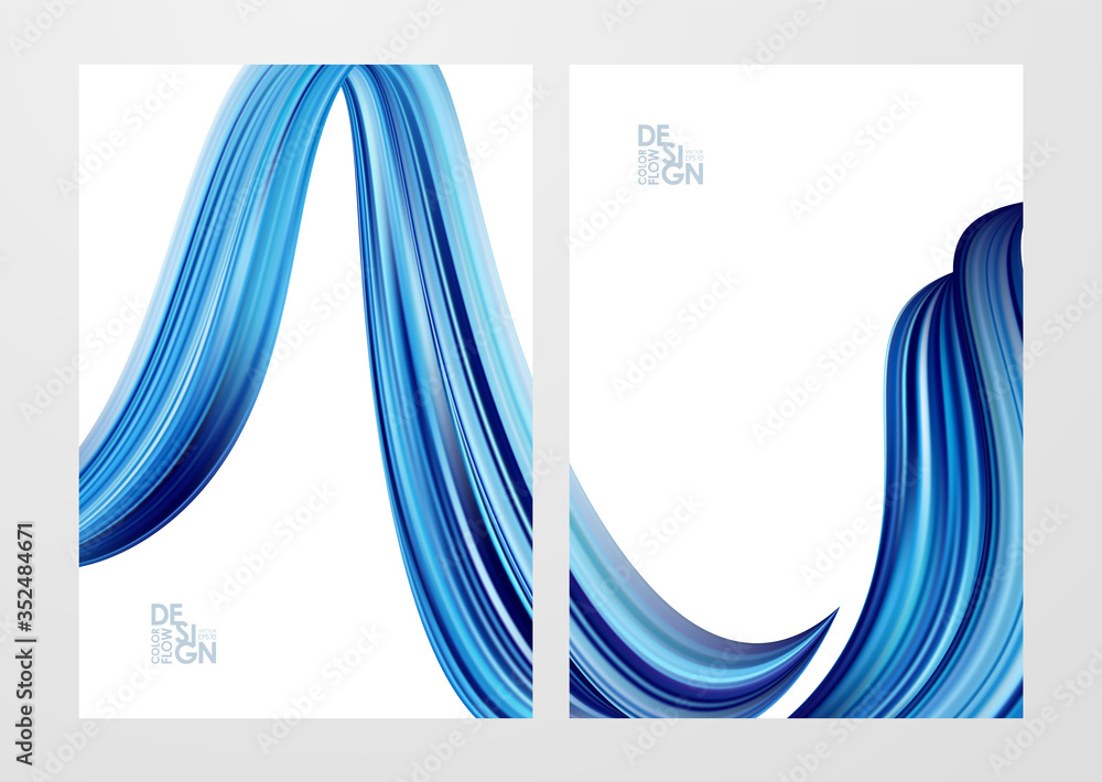 Poster set of two blank backgrounds with 3d twisted blue color flow liquid shape.