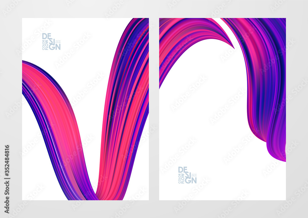 Poster set of two blank backgrounds with 3d twisted colorful flow liquid shape.