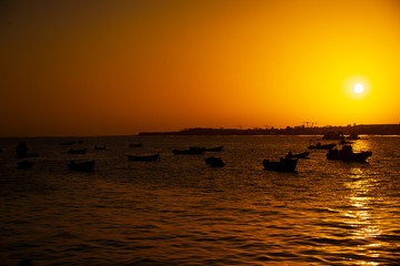 fishing boats at sunset in Sal Island, CAPE VERDE