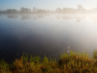 foggy morning on the river near the floodplain meadow