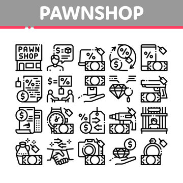 Pawnshop Exchange Collection Icons Set Vector. Pawnshop Building And Handshake, Laptop And Phone, Photo Camera And Jewelry Stone Concept Linear Pictograms. Monochrome Contour Illustrations