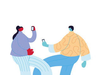 Woman and man cartoon with smartphone vector design