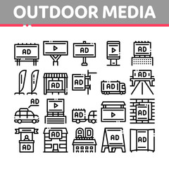 Outdoor Media Advertising Promo Icons Set Vector. Advertising Billboard And Tablet, Poster And Banner, Advertise On Car And Building Concept Linear Pictograms. Monochrome Contour Illustrations