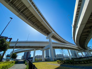 Looking up the Tokyo Under Highway, at Ariake city