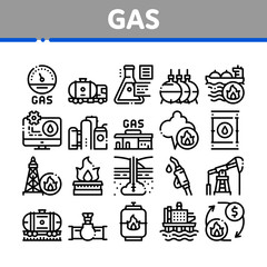 Gas Fuel Industry Collection Icons Set Vector. Gas Truck Cargo Delivery And Carriage Transportation, Station And Derrick, Flame And Barrel Concept Linear Pictograms. Monochrome Contour Illustrations