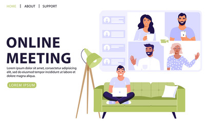 Video conference or online meeting concept. Man sitting on sofa and having video call with friends and colleagues using laptop. Video chat. Vector web page banner illustration.