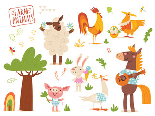 Set of funny hand drawn farm country animals.