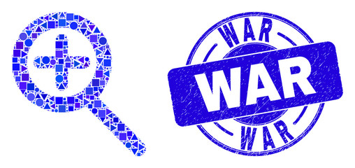 Geometric zoom in mosaic pictogram and War stamp. Blue vector round scratched stamp with War caption. Abstract mosaic of zoom in created of sphere, triangles, square geometric elements.