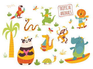 Vector set of cute cartoon hand drawn tropical animals.