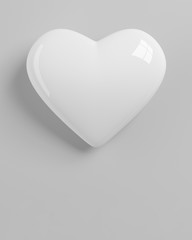 White glossy 3D heart with shadows on a white background. Layout of a greeting card for Valentine's Day. 3D rendering.