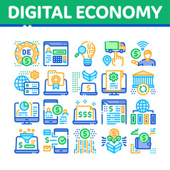 Digital Economy And E-business Icons Set Vector. Digital Economy And E-commerce, Idea Research And Cargo Delivery, Computer And Cell Phone Concept Linear Pictograms. Color Illustrations