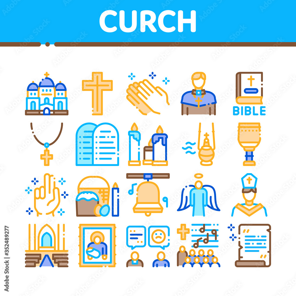 Sticker Church Christianity Collection Icons Set Vector. Church Building And Interior, Christian Religion Bible And Cross, Candles And Bell Concept Linear Pictograms. Color Illustrations