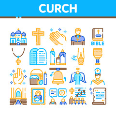 Fototapeta na wymiar Church Christianity Collection Icons Set Vector. Church Building And Interior, Christian Religion Bible And Cross, Candles And Bell Concept Linear Pictograms. Color Illustrations