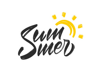 Handwritten calligraphic textured brush lettering of Summer with sun.