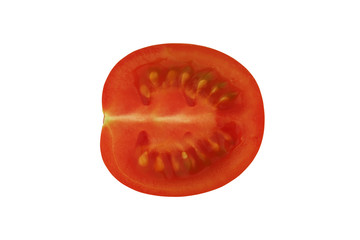 Half of tomato isolated on a white background. Close-up. Top view.