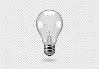 Isolated light bulb, vector object on a transparent background, the effect of light and glow. Realistic 3d object, symbol of creativity and ideas. Concept for business or startup.