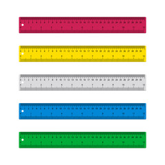 Ruler for school. Plastic ruler isolated on white background. Scale with of centimeter, millimeter metric. Measure rule with inch, cm, mm. Wooden, metal graphic length. Tape meter for drawing. Vector