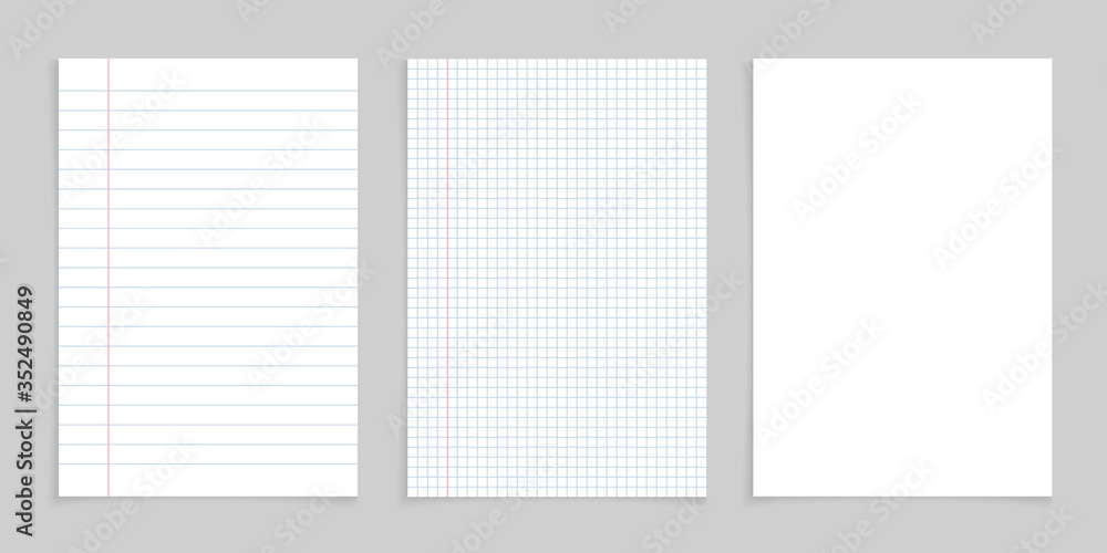 Poster paper notebook for note. white sheet with lines and grid for school. blank pages isolated on gray ba