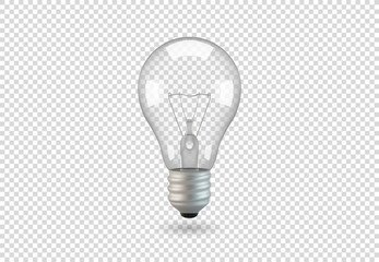 Isolated light bulb, vector object on a transparent background, the effect of light and glow. Realistic 3d object, symbol of creativity and ideas. Concept for business or startup.
