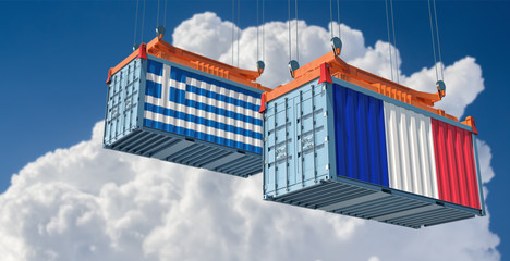 Shipping containers with Greece and France flag. 3D Rendering 