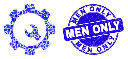 Geometric setup tools mosaic pictogram and Men Only watermark. Blue vector round textured watermark with Men Only text. Abstract mosaic of setup tools done of round, triangles, square geometric spots.