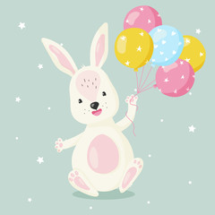 White cartoon bunny with balloons, for kid's or baby's t shirt design, fashion print,  graphic, kids wear.