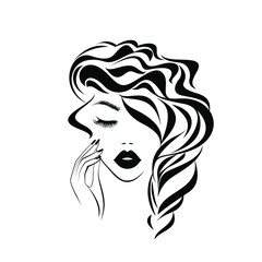 Beautiful sexy face, red lips, hand with red manicure nails, fashion woman, element design, nails studio, curly hairstyle, hair salon sign, icon. Beauty Logo. Vector illustration. Hand drawing style.