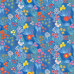 Flower meadow seamless vector pattern blue. Repeating doodle flowers background half drop repeat. Scandinavian style florals. Use for fabric, wallpaper, home decor, spring and summer decor
