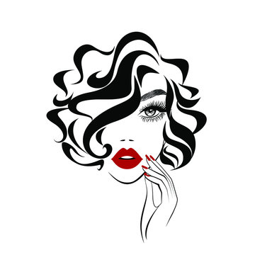 recommend clip art: Beautiful sexy face, red lips, hand with red manicure nails, fashion woman, element design, nails studio, curly hairstyle, hair salon sign, icon. Beauty Logo. Vector illustration. Hand drawing style.