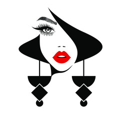Beauty Logo. Beautiful sexy face, red lips, fashion woman, element design, black hairstyle, big geometric earrings, hair salon sign, icon. Vector illustration. Hand drawing style. 