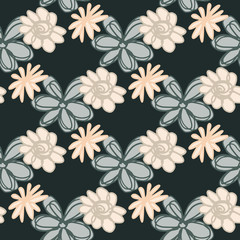 Geomerical seamless pattern with hand drawn flowers on black background. Floral endless wallpaper.