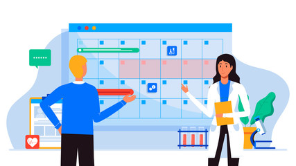 Fototapeta premium Make an appointment with an online doctor. On the calendar selects date. calendar. work schedule, make an appointment online. Vector illustration for banner, landing page, app. Tele medicine