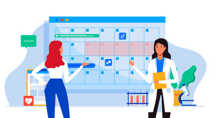 Make an appointment with an online doctor. On the calendar selects date. calendar. work schedule, make an appointment online. Vector illustration for banner, landing page, app. Tele medicine