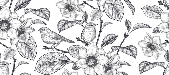 Black and white seamless pattern. Blooming magnolia tree and little cute birds. © marinavorona