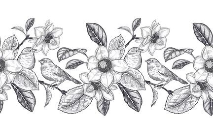 Nahtloser Schwarzweiss-Musterrand. Blühender Magnolienbaum und kleine süße Vögel. © marinavorona