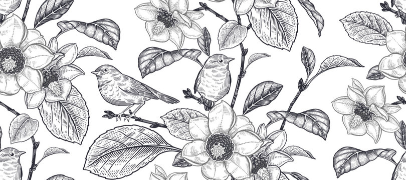 Black and white seamless pattern. Blooming magnolia tree and little cute birds.