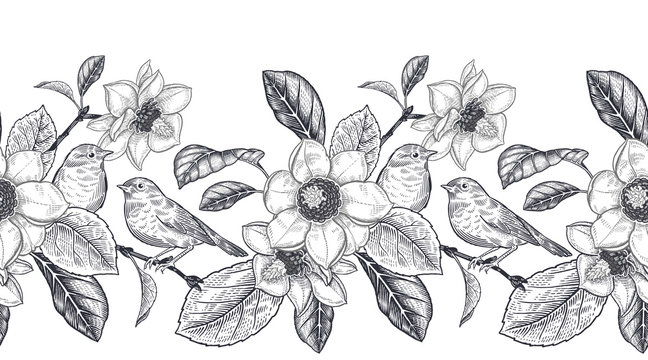 Black and white seamless pattern border. Blooming magnolia tree and little cute birds.