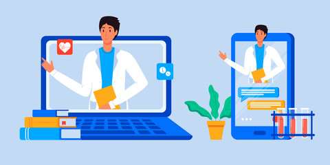 Online patient medical consultation and support chat set. Online doctor mobile app messenger. Healthcare services, Ask a doctor. Family doctor on the laptop and phone screen. Tele medicine banner.