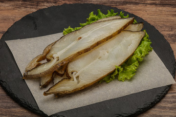 Delicous smoked halibut slices snack