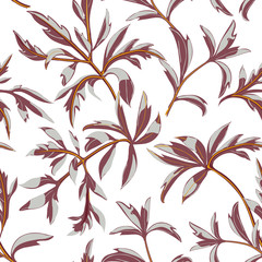 Trendy floral background of twigs with leaves scattered random on white.