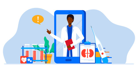 Kidney treatment. Healthcare, Medical research. Urology and nephrology. nephroptosis, renal failure, stones, cystitis. For website, app, banner, flyer. Tele medicine. Doctor on mobile phone screen