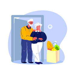Retired Couple Old Woman Receive Contactless Delivery Food.Meal Products Donation Supply for Aged Pensioners.Home Shopping.Buy,Receive Parcel.Assistance Coronavirus Quarantine.Flat Vector Illustration