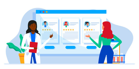 Young patient chooses a therapist with rating on web site. Planning, treatment of diseases, maintaining health. For sites, banner. Online doctor, tele medicine. Hospital or medical clinic staff