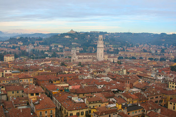 Fototapeta na wymiar interesting view of verona from above with the bell towers and houses in the background 