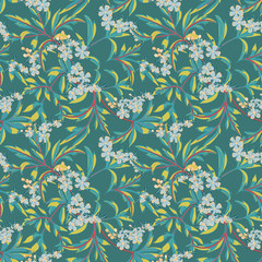 Obraz premium Floral background with small flowers and leaves in pastel colors.