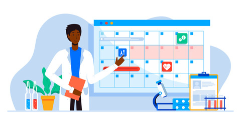 Make an appointment with an online doctor. On the calendar selects date. calendar. work schedule, make an appointment online. Vector illustration for banner, landing page, app. Tele medicine