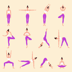 Collection of young woman performing physical exercises. Different poses of yoga. Relaxation and meditation