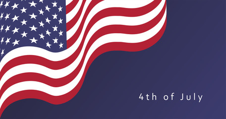 USA 4th of July Independence Day greeting card with waving national flag and dark blue gradient background