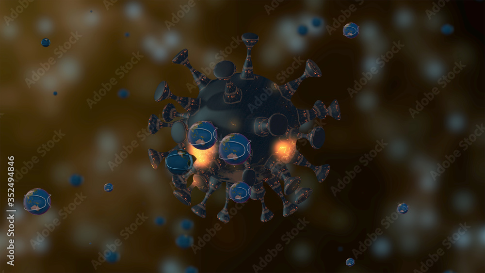 Poster 3d render virus cells flowing and glimming over dark abstract background.